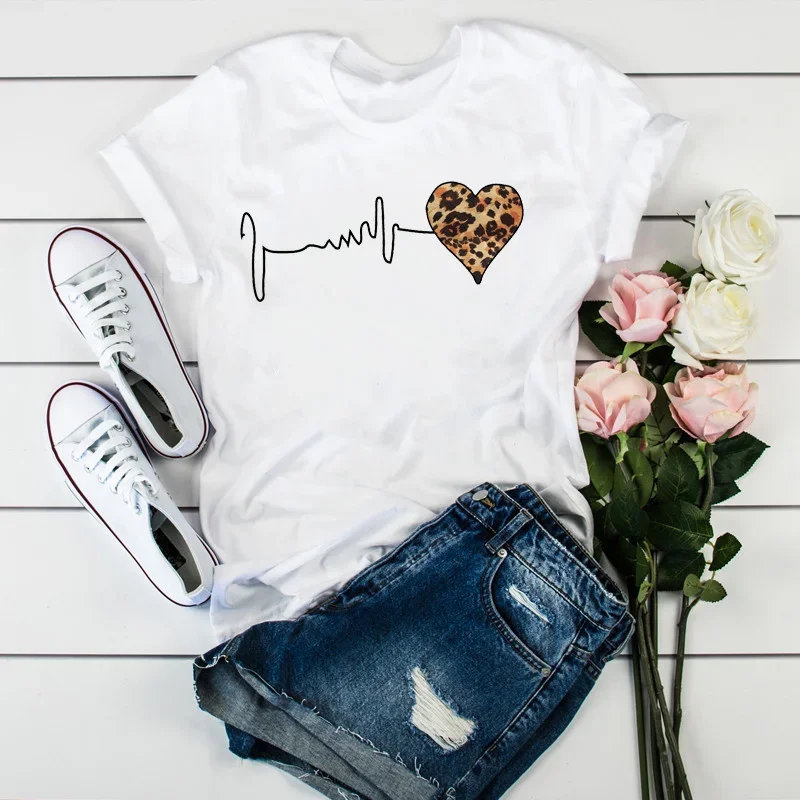 Summer New 90 's Leopard Heartbeat Short Sleeve Print Clothing Women's T-Shirt Harajuku Graphic Clothing Women's Top Tee - Image 2