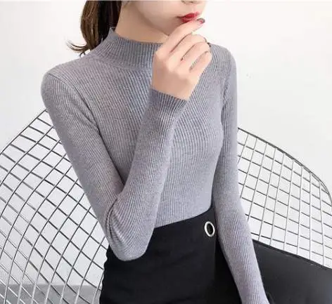 Autumn Winter Mock Neck Women Sweater Vintage Basic Solid Knitted Tops Casual Slim Pullover Korean Sweaters Simple Chic Jumpers - Image 12