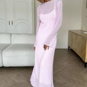 Spring Autumn O-Neck Elastic Knit Long Dresses Women 2024 Elegant Chic Soft Lady Hollowing Sweater Dresses Femme New