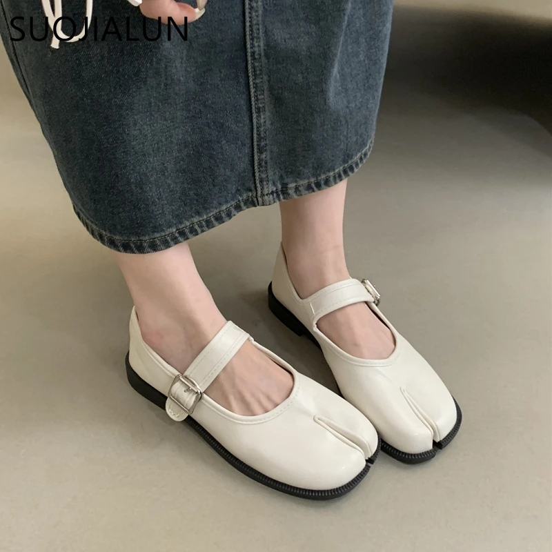 SUOJIALUN Autumn Women Flat Shoes Fashion Split Toe Flat Heel Laofer Shoes Shallow Soft Leather Casual Outdoor Mary Jane Shoes - Image 3