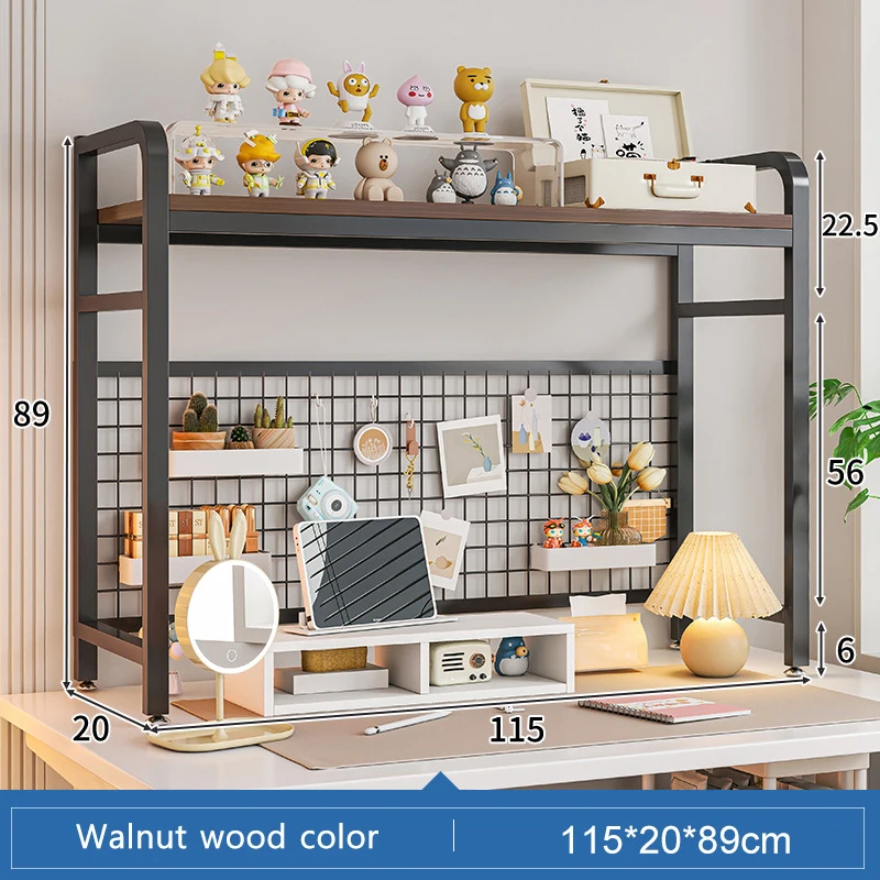 Bookshelf Bookcase With Grid Desktop Multi-layer Wrought Iron Shelf Student Computer Desk Table Hole Board Table Wooden Shelves - Image 13