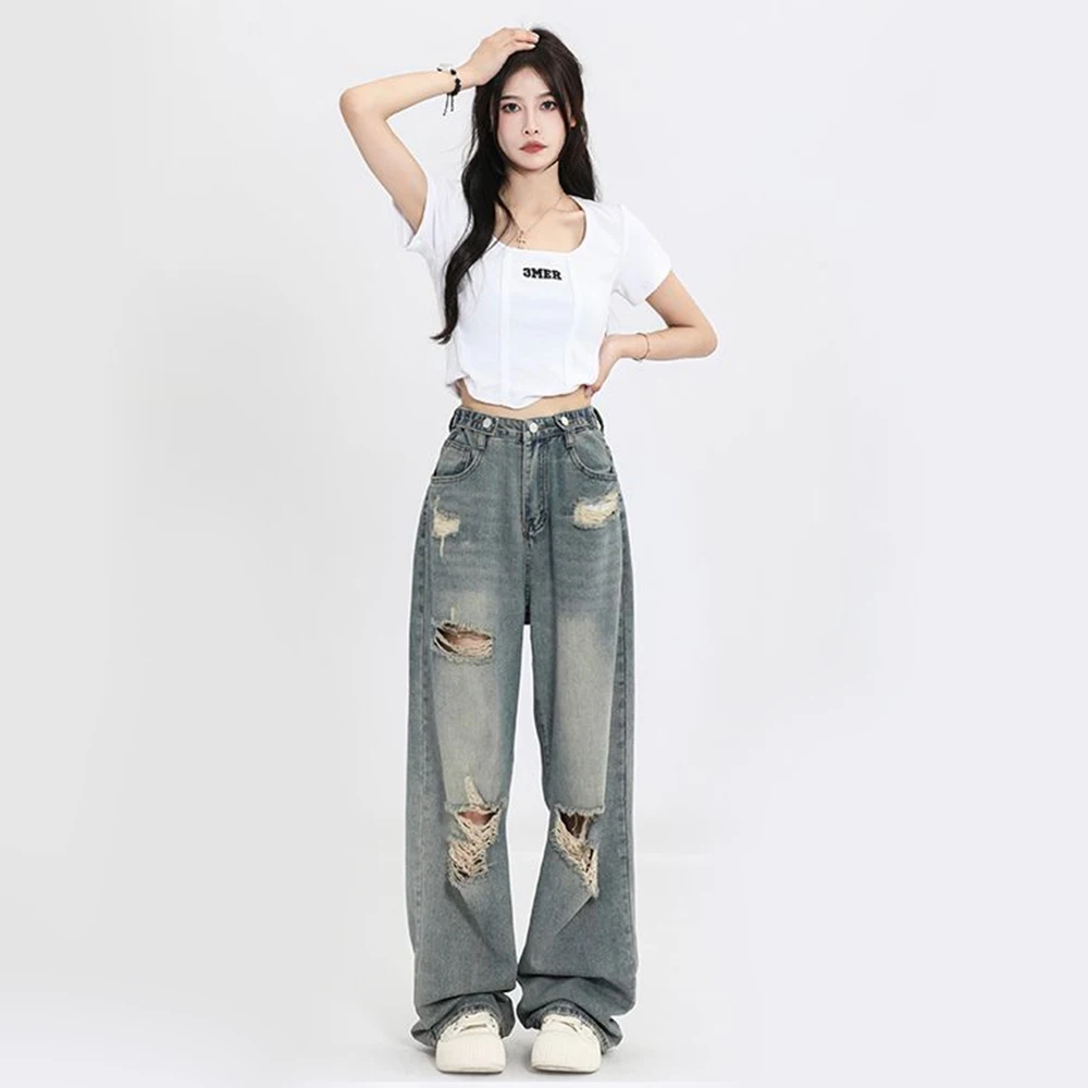 American Retro Hole-punched Jeans Women High Waist Straight-crotch Loose Slim Design High-street Vibe Wide-legged Dragging Pants - Image 3