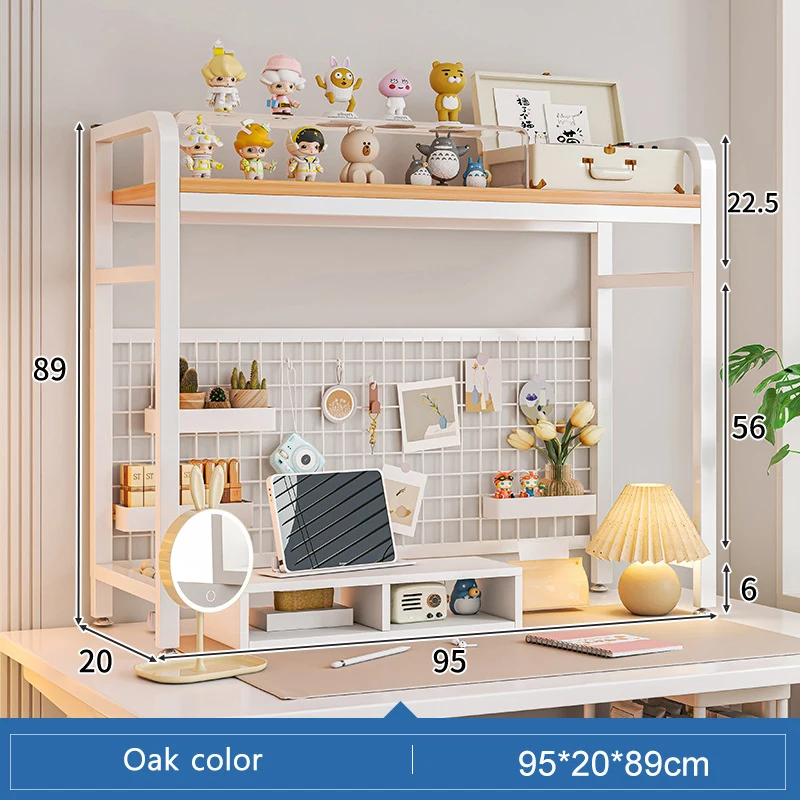 Bookshelf Bookcase With Grid Desktop Multi-layer Wrought Iron Shelf Student Computer Desk Table Hole Board Table Wooden Shelves - Image 16