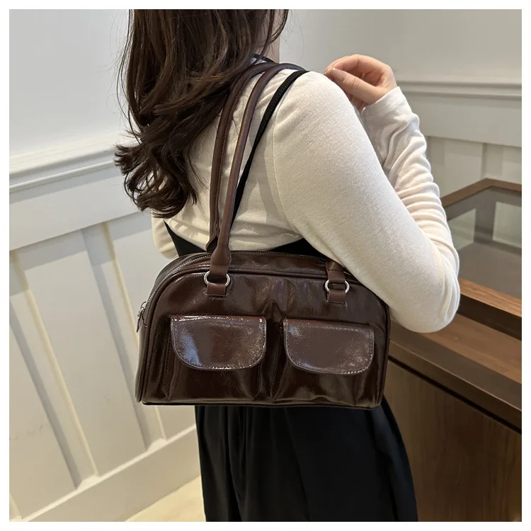 Retro Women's Satchel Hobo Bag PU Leather Shopping Bag Fashion Solid Designer Armpit Bag Casual Double Pocket Hand Underarm Bag - Image 3