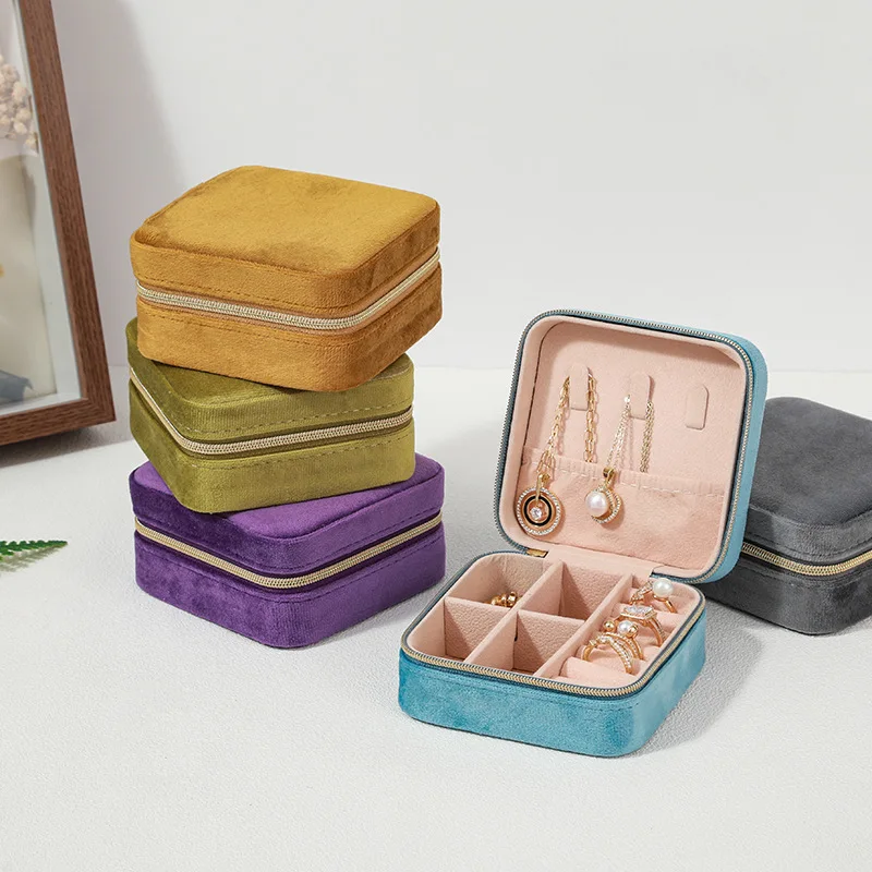 Velvet Jewelry Box For Women Necklace Ring Earrings Organizer Holder Travel Portable Zipper Square Jewelry Storage Case - Image 3