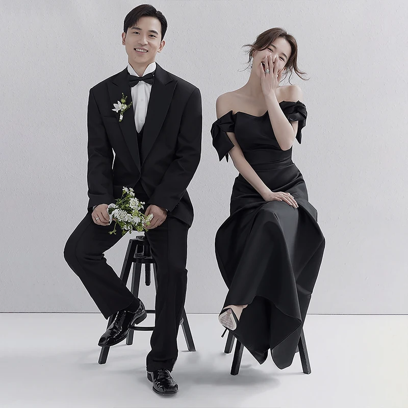 Wedding Dresses Sweet Bow Off The Shoulder For Women 2024 Satin Black Evening Dress Elegant Floor-length Simple Wedding Shooting - Image 4