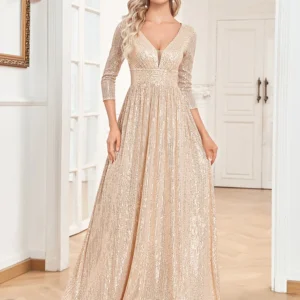 Luxury V Neck Long Sleeves Blue Sequins Formal Evening Dress Women Wedding Party Prom Maxi Cocktail Dress Gowns