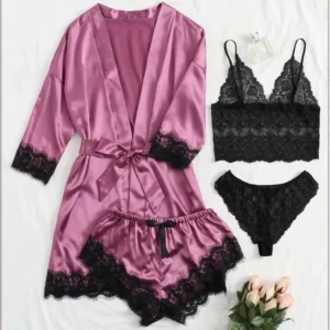 Women's Summer Sexy Pajama Pants Set 4 Pieces Lace Satin With Silk Sleepwear Robe Fashion And Comfortable Nightwear