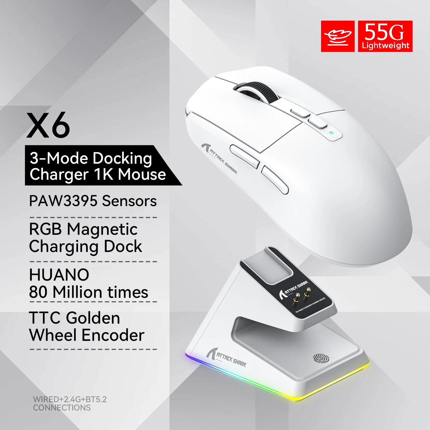Attack shark X6 Bluetooth Mouse,PAW3395,2.4 Tri-Mode Connection, RGB Touch Magnetic Charging Base, Macro Gaming Mouse - Image 8