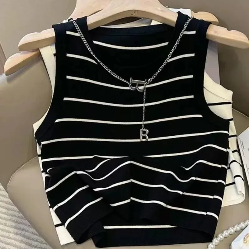 New waistcoat women wear striped wide edge temperament summer top short knit sleeveless bottom shirt
