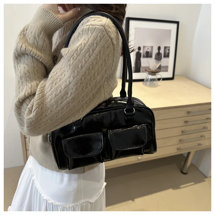 Retro Women's Satchel Hobo Bag PU Leather Shopping Bag Fashion Solid Designer Armpit Bag Casual Double Pocket Hand Underarm Bag - Image 2