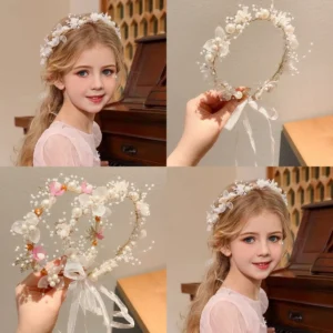 Children's Wreath Princess Hair Accessories Fairy Girl Flower Pearl Streamer Headgear Sweet Girl Snowflake Net Red Headband