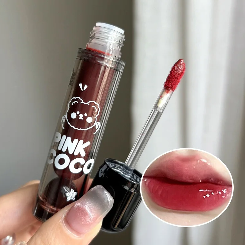PINKCOCO Bear Doodle Mirror Lip Glaze — Long-Lasting Shiny Lip Gloss, Student-Friendly, Skin-Brightening Nude Lipstick - Image 2