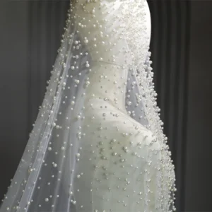 1Tier Wedding Veil With Pearls Long Luxury Bridal Veil with Comb Scattered Dense Pearls Cascading Mantilla Cathedral Custom Veil
