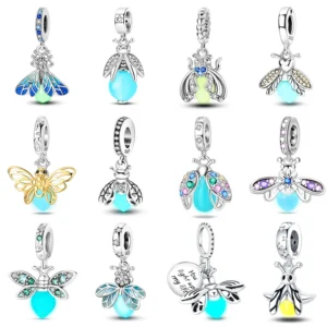 100% 925 Sterling Silver Creative Blue Luminous Firefly Charms Pendants Fit Qikaola 925 Original Bracelets DIY Birthday Jewelry
