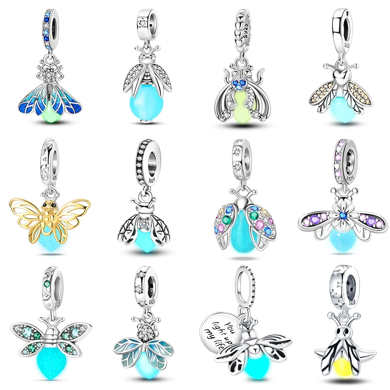 100% 925 Sterling Silver Creative Blue Luminous Firefly Charms Pendants Fit Qikaola 925 Original Bracelets DIY Birthday Jewelry