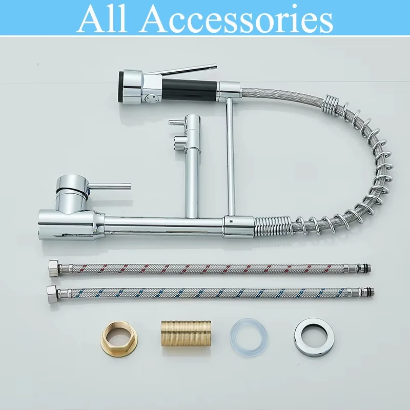 Black/Silver Kitchen Faucet with Pull-Down Sprayer, Deck Mount Hot and Cold Water Mixer Faucet, Dual Spout Faucet, Crane - Image 5