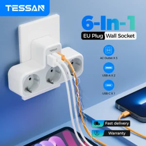 TESSAN EU Plug Power Strip with 3 AC Outlets +2 USB Ports+ 1 Type C, 6-in-1 Plug Socket Adapter Wall Charger for Home Office