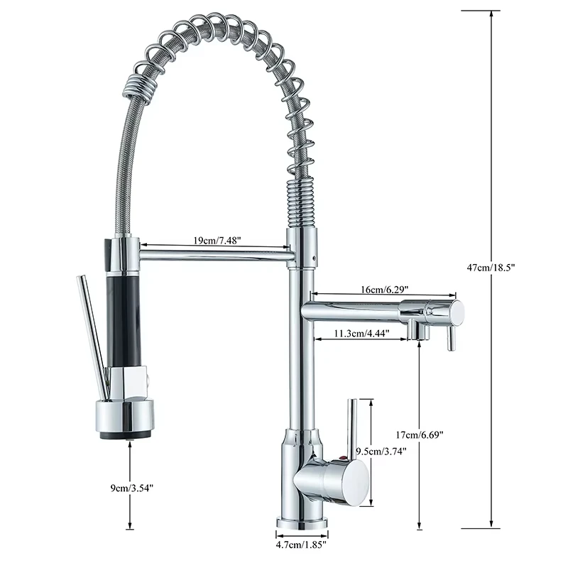 Black/Silver Kitchen Faucet with Pull-Down Sprayer, Deck Mount Hot and Cold Water Mixer Faucet, Dual Spout Faucet, Crane - Image 4
