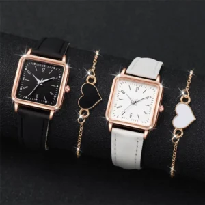 2PCS/Set Fashion Square Women's Watch Leather Band Quartz Watches Heart Bracelet Set