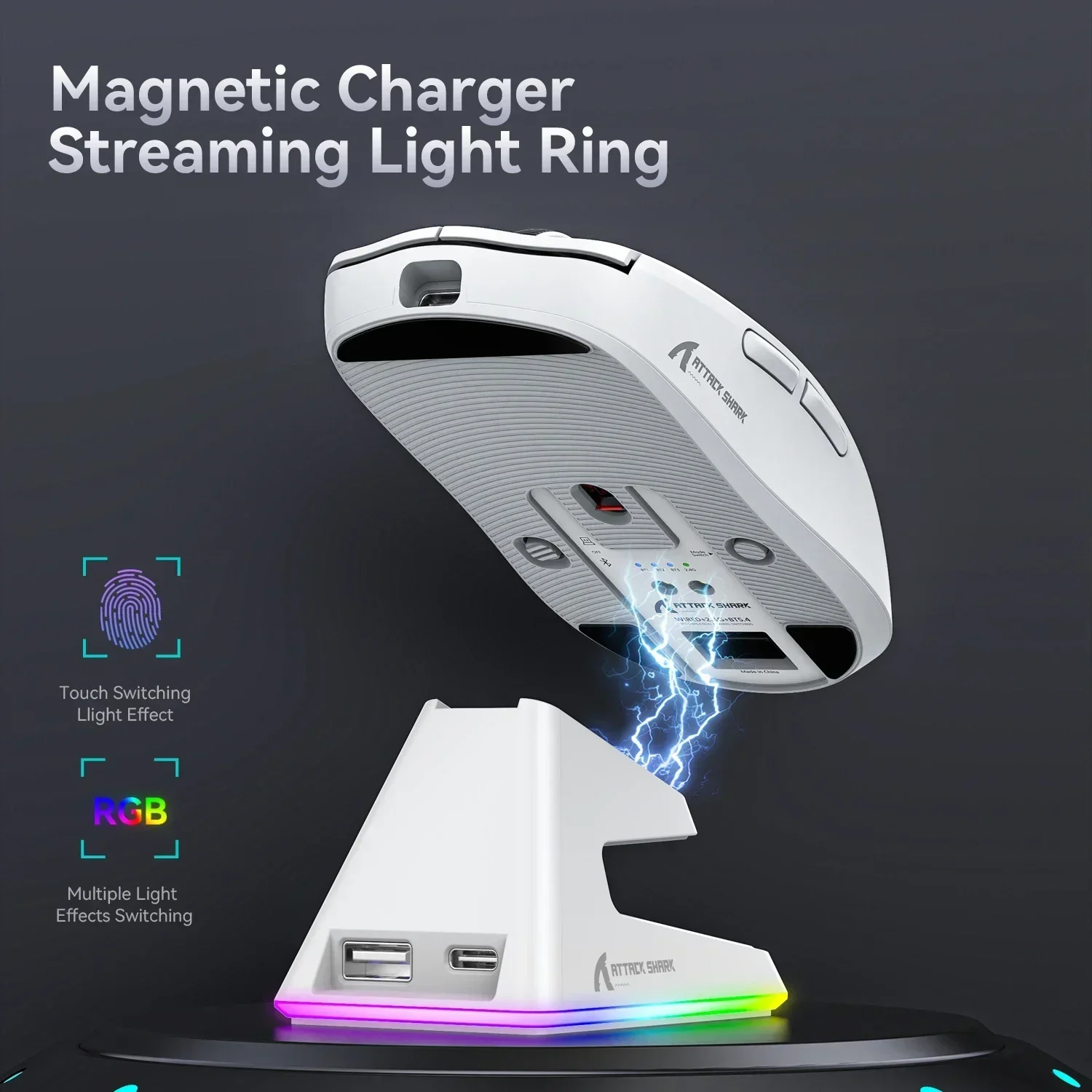Attack shark X6 Bluetooth Mouse,PAW3395,2.4 Tri-Mode Connection, RGB Touch Magnetic Charging Base, Macro Gaming Mouse - Image 3