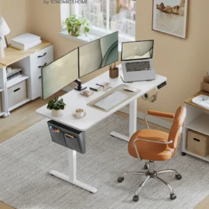 SONGMICS Electric Height Adjustable Desk, 60 x 140 x (72-120) cm, 4 Memory Heights, Storage Pocket, for Home Office, Study