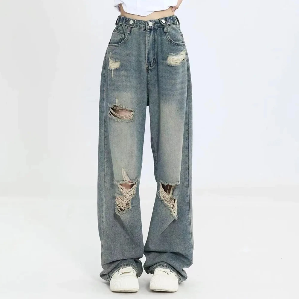 American Retro Hole-punched Jeans Women High Waist Straight-crotch Loose Slim Design High-street Vibe Wide-legged Dragging Pants - Image 7