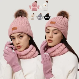 3Pcs/Set Women Winter Hat Scarf Gloves Faux Fur Ball Teenager Girls Knitted Beanie Neck Warmer Suit Warm Ears Woman Cap Set
