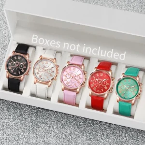 5PCS Women's Watches Fashion Roma Dial Leather Band Quartz Watch(Without Box