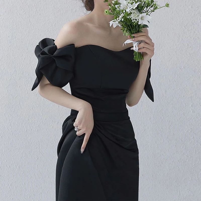 Wedding Dresses Sweet Bow Off The Shoulder For Women 2024 Satin Black Evening Dress Elegant Floor-length Simple Wedding Shooting - Image 3