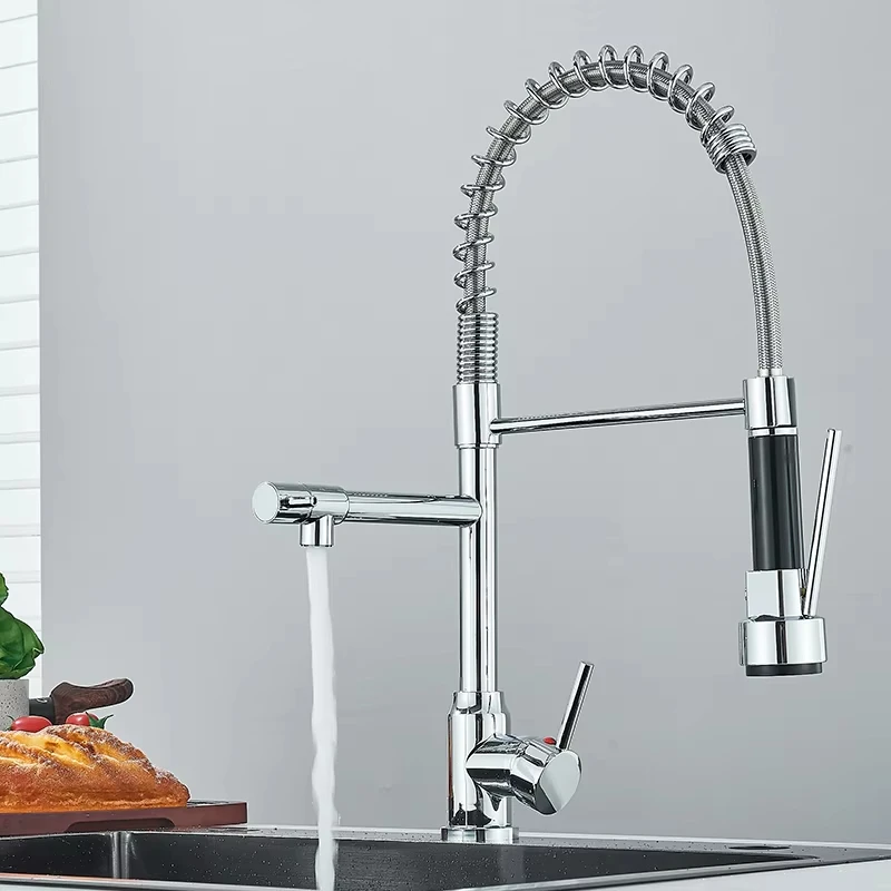 Black/Silver Kitchen Faucet with Pull-Down Sprayer, Deck Mount Hot and Cold Water Mixer Faucet, Dual Spout Faucet, Crane - Image 2