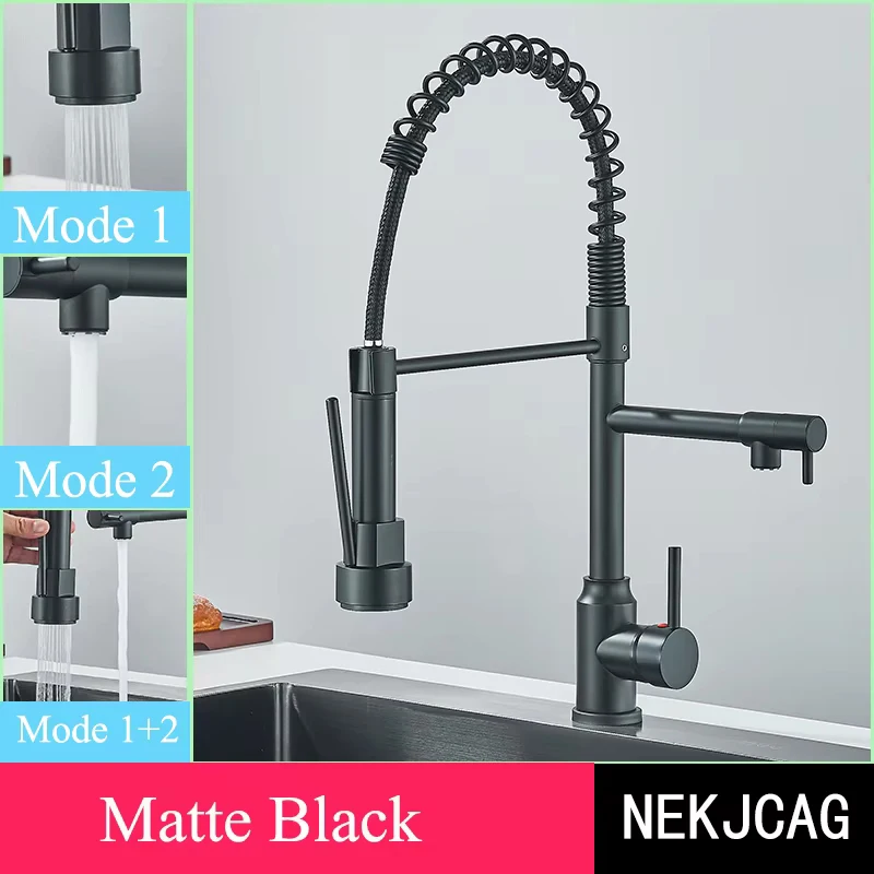 Black/Silver Kitchen Faucet with Pull-Down Sprayer, Deck Mount Hot and Cold Water Mixer Faucet, Dual Spout Faucet, Crane - Image 6