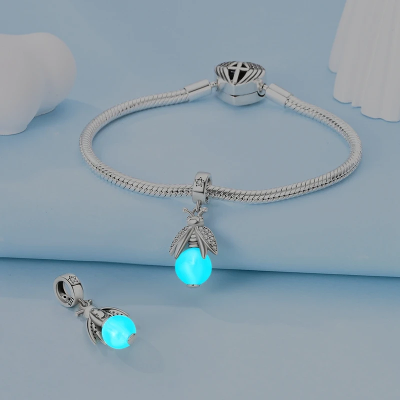 100% 925 Sterling Silver Creative Blue Luminous Firefly Charms Pendants Fit Qikaola 925 Original Bracelets DIY Birthday Jewelry - Image 3