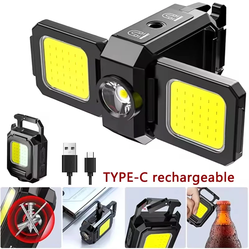 Flashlight Mini Keychain Light COB Work Light USB Rechargeable Lamp with 90° Foldable Side Lights Super Bright Portable Lanterns