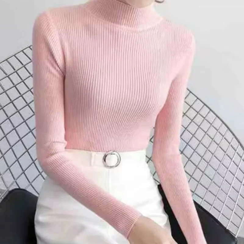 Autumn Winter Mock Neck Women Sweater Vintage Basic Solid Knitted Tops Casual Slim Pullover Korean Sweaters Simple Chic Jumpers - Image 4