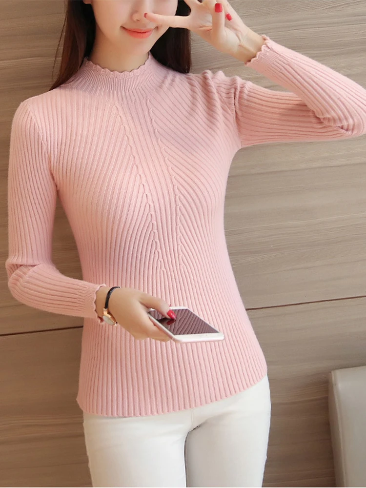 2025 Autumn Women Mock Neck Ruffles Sweater Long Sleeve Knitted Bottoming Solid Pullovers Stripe Women Casual Sweater Winter - Image 2