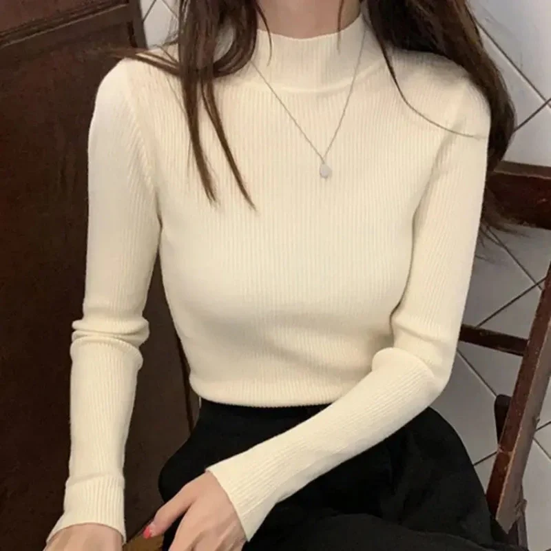 Autumn Winter Mock Neck Women Sweater Vintage Basic Solid Knitted Tops Casual Slim Pullover Korean Sweaters Simple Chic Jumpers - Image 8
