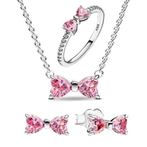 Pink Bow Set Original 925 Sterling Silver Colorful Zircon Ring Earrings Bracelet Necklace Original DIY Women's Jewelry Gift
