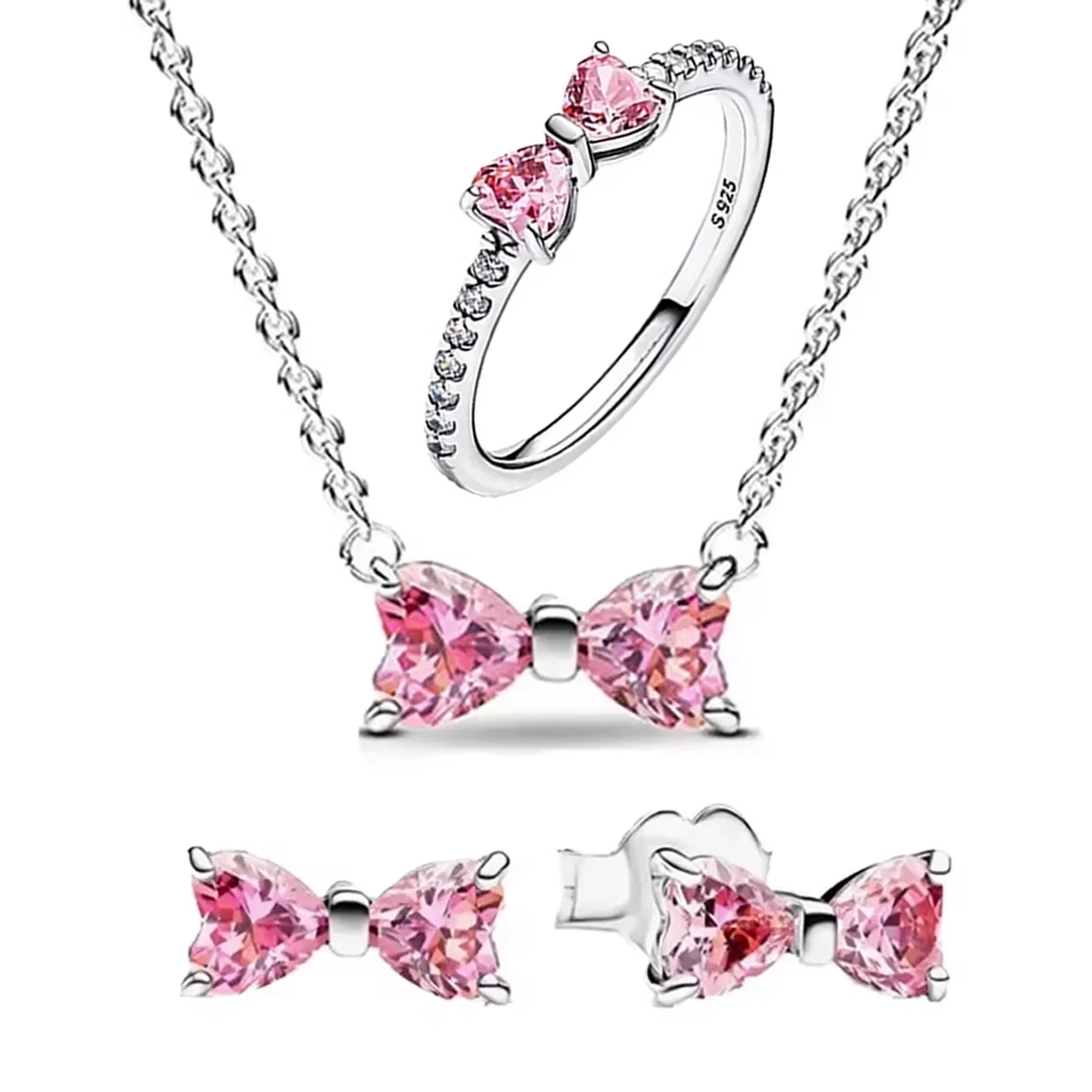 Pink Bow Set Original 925 Sterling Silver Colorful Zircon Ring Earrings Bracelet Necklace Original DIY Women's Jewelry Gift