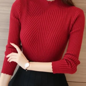 2025 Autumn Women Mock Neck Ruffles Sweater Long Sleeve Knitted Bottoming Solid Pullovers Stripe Women Casual Sweater Winter