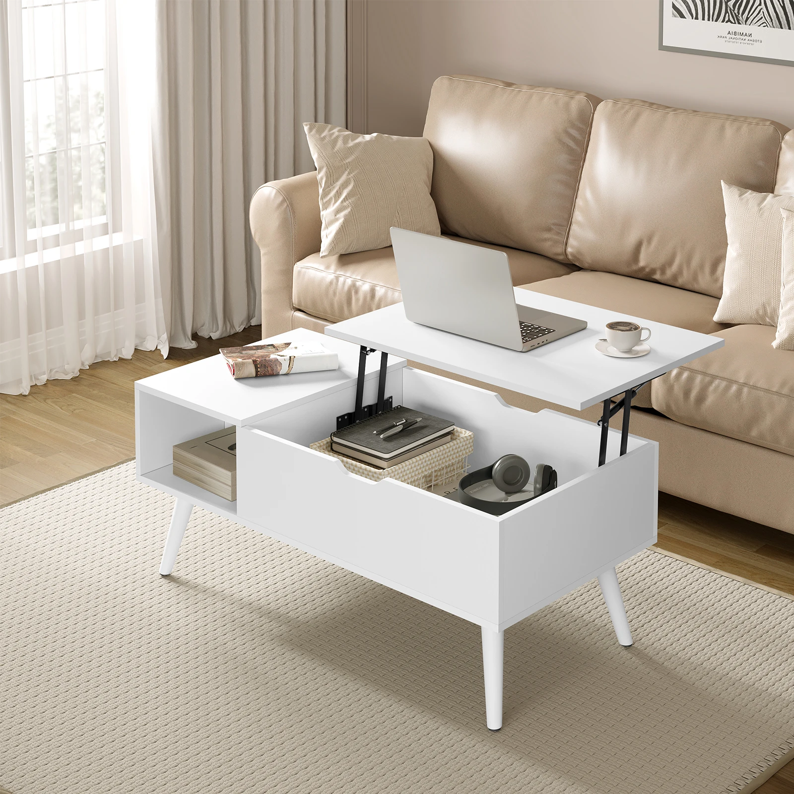 WOLTU Height-Adjustable Coffee Table Living Room Table with Hidden Storage Lifting Board Folding Table for Side Sofa Home Decor