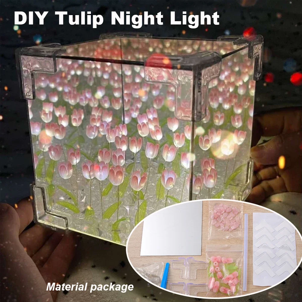 Creative Diy Tulip Flower Sea Cube Three-Dimensional Small Night Lamp Material Package for Girlfriend Couple Girlfriends - Image 3