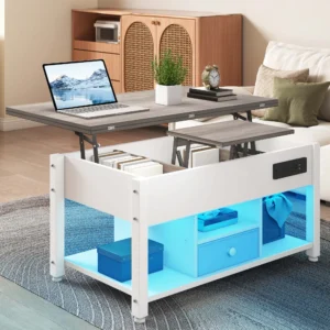 YITAHOME White & Grey 4-in-1 Coffee Table - Adjustable Height, Converts to Dining Table with Storage & LED Lighting