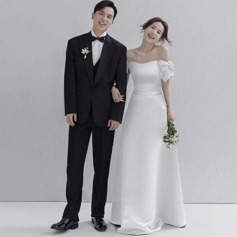 Wedding Dresses Sweet Bow Off The Shoulder For Women 2024 Satin Black Evening Dress Elegant Floor-length Simple Wedding Shooting - Image 8