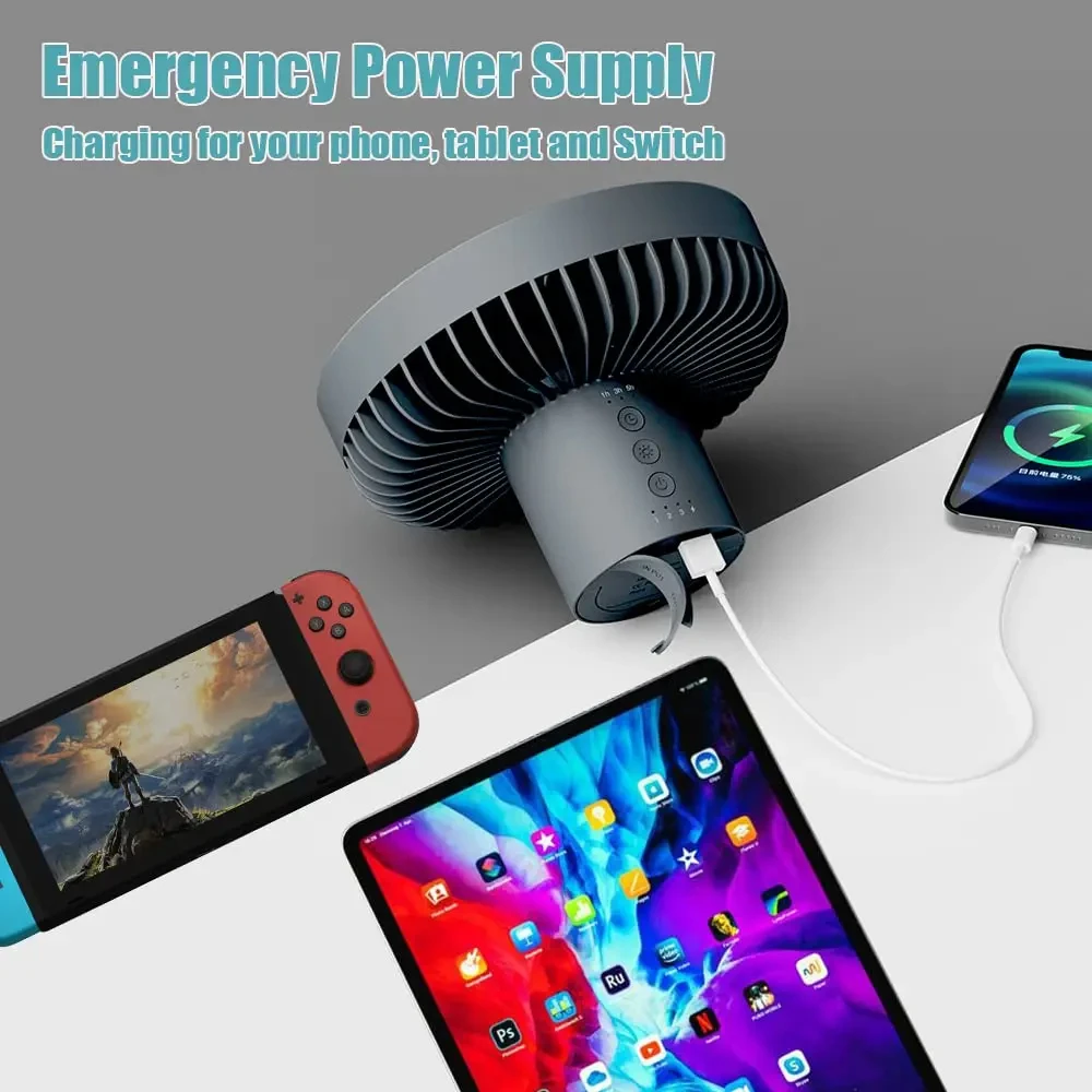 10000mAh Camping Fan Rechargeable Desktop Portable Circulator Wireless Ceiling Electric Fan with Power Bank LED Lighting - Image 5