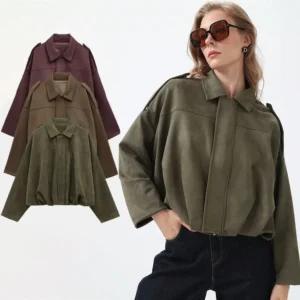 TRAFZA Women's Bomber Jackets Suede Coat Fashion Turn-down Collar Long Sleeve Loose Coats Vintage Female Outerwear Chic Tops