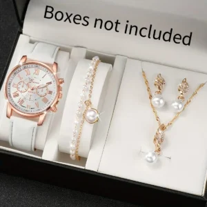 5pcs/set Women's Watch Casual Round Pointer Quartz Watch PU Leather Wrist Watch & Faux Pearl Jewelry Set, Gift For Mom Her
