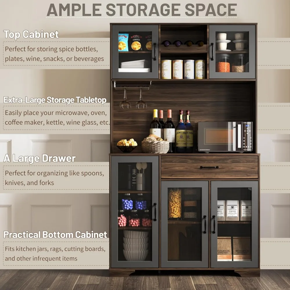 Pantry Cabinet, 71" Tall Coffee Bar Liquor Cabinet with Power Outlet & LED Lights, Kitchen Hutch Food Pantry with Microwave Stan - Image 4