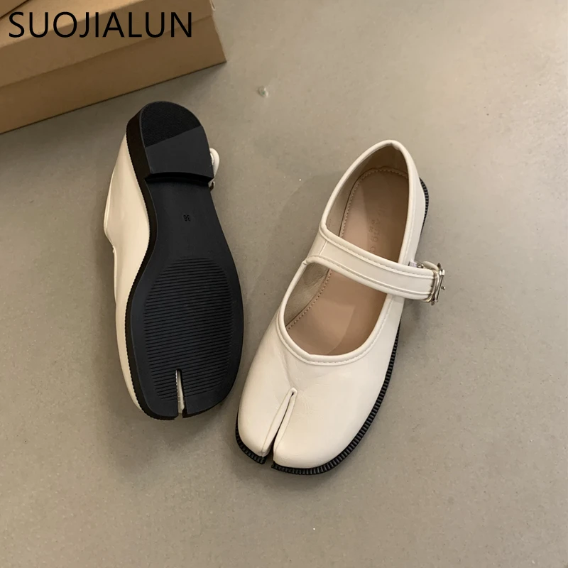 SUOJIALUN Autumn Women Flat Shoes Fashion Split Toe Flat Heel Laofer Shoes Shallow Soft Leather Casual Outdoor Mary Jane Shoes - Image 6