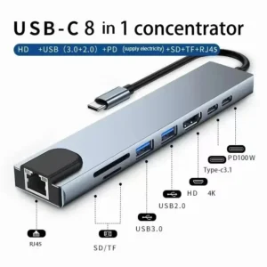 USB 8-in-1 Type-C Hub Adapter with SD/TF Card Reader, RJ45, PD Fast Charge for MacBook Laptop